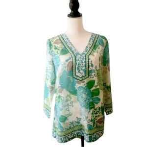 JM Collection Floral Tunic Top Sheer Green Blue Boho 3/4 Sleeve Size Medium